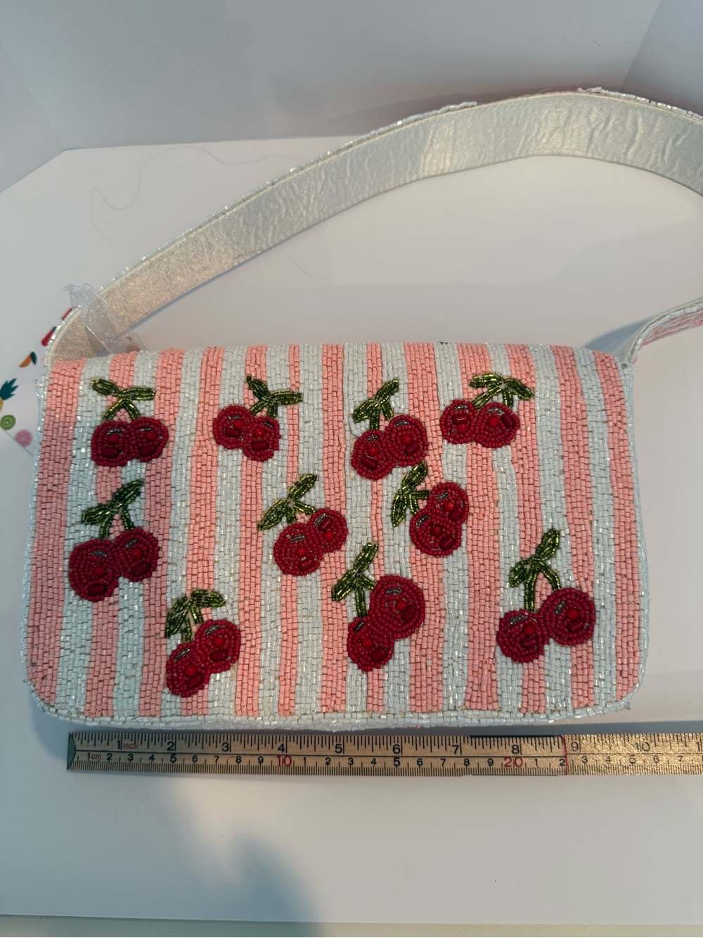 * Beaded Cherry Motif Striped Shoulder Bag in White, Pink & Red